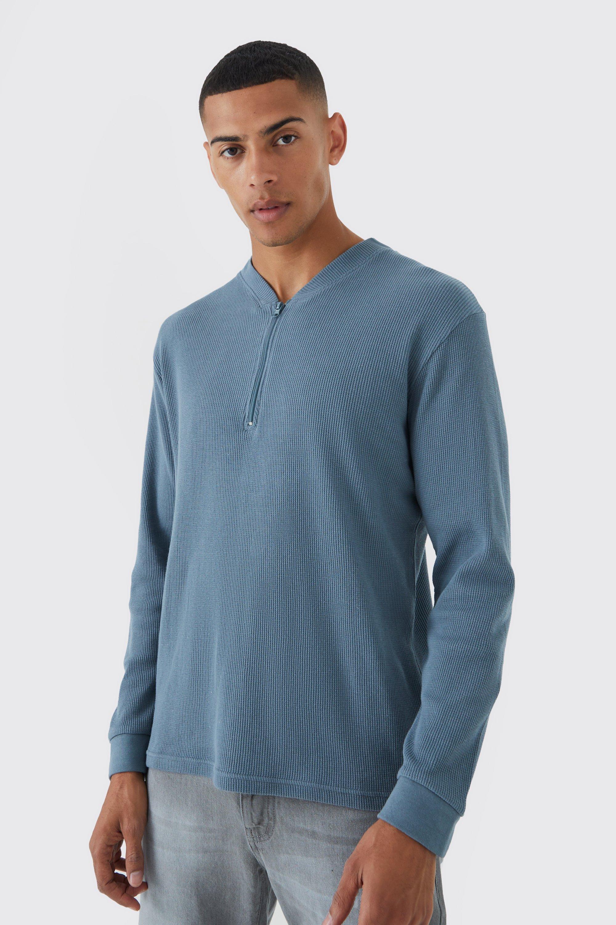 Mens Blue Slim Fit Waffle Bomber Neck Long Sleeve Polo, Blue